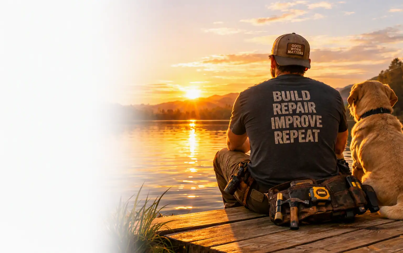 Contractor sitting on a framed structure with his dog at the end of a workday